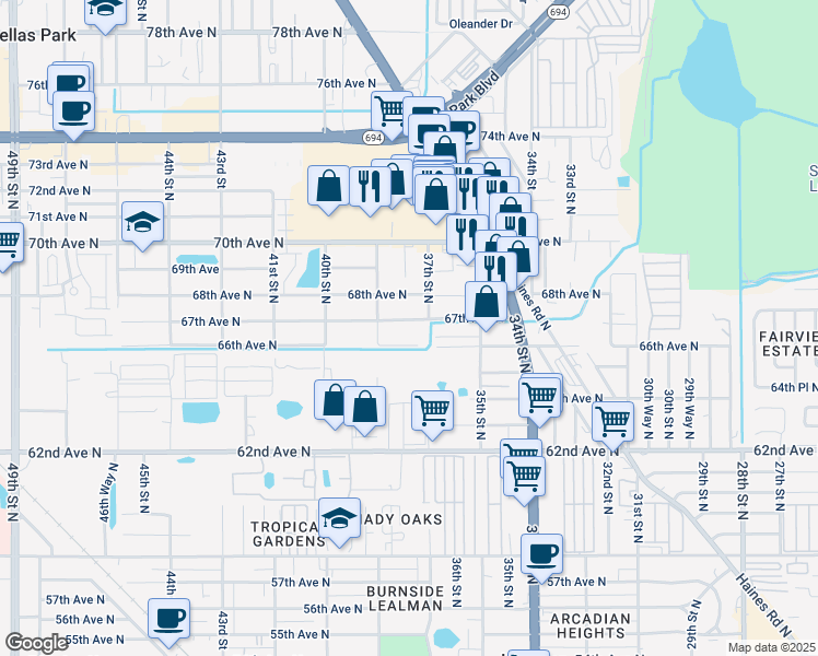 map of restaurants, bars, coffee shops, grocery stores, and more near 3742 67th Avenue North in Pinellas Park