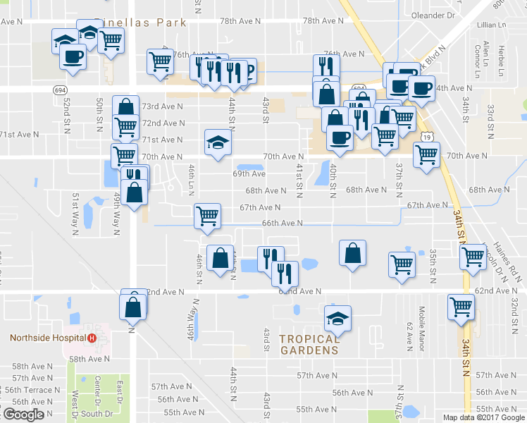 map of restaurants, bars, coffee shops, grocery stores, and more near 4300 67th Avenue North in Pinellas Park