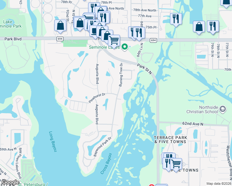 map of restaurants, bars, coffee shops, grocery stores, and more near 6660 Burning Tree Drive in Seminole