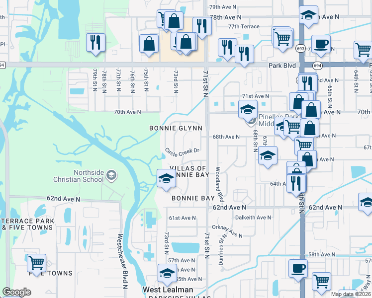 map of restaurants, bars, coffee shops, grocery stores, and more near 6717 Bonnie Bay Circle North in Pinellas Park