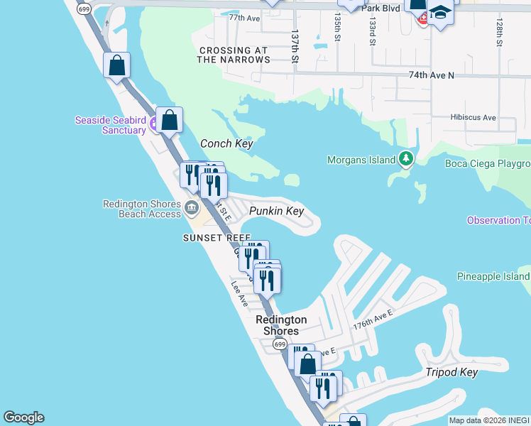 map of restaurants, bars, coffee shops, grocery stores, and more near 555 180th Avenue West in Redington Shores