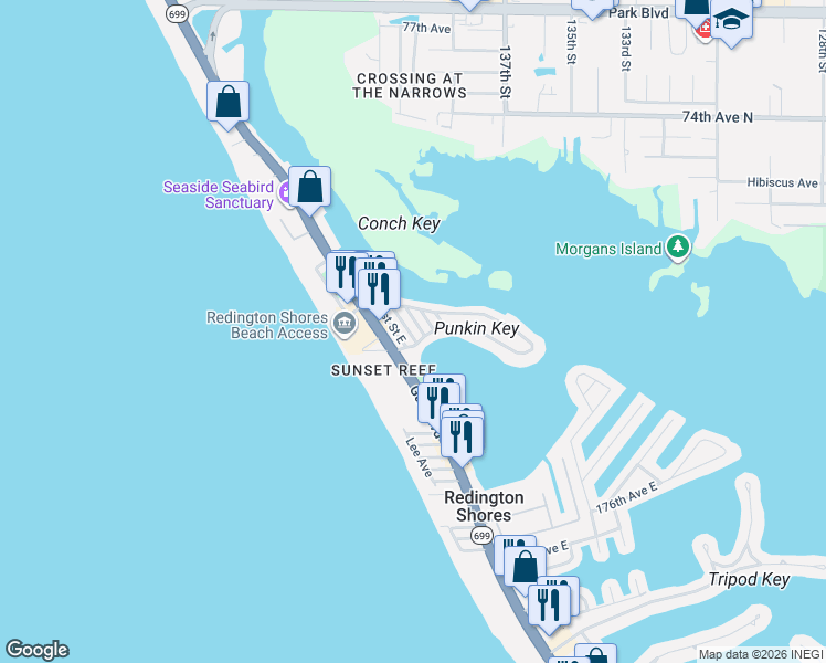 map of restaurants, bars, coffee shops, grocery stores, and more near 220 180th Avenue East in Redington Shores