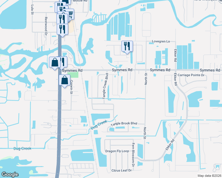 map of restaurants, bars, coffee shops, grocery stores, and more near 11528 Southern Creek Drive in Gibsonton
