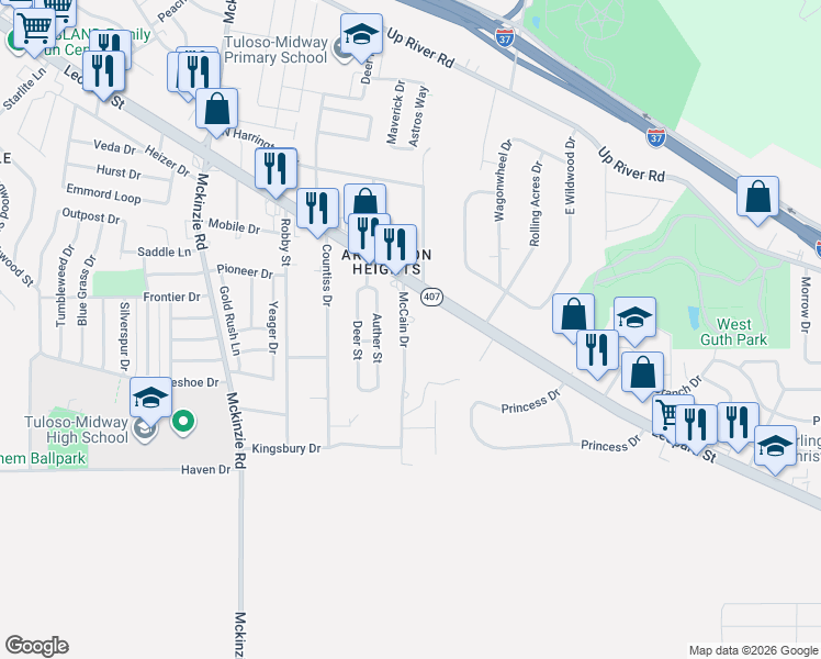 map of restaurants, bars, coffee shops, grocery stores, and more near 2629 Mc Cain Drive in Corpus Christi