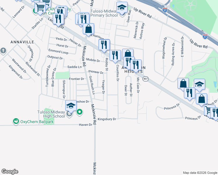map of restaurants, bars, coffee shops, grocery stores, and more near 2713 Robby Street in Corpus Christi