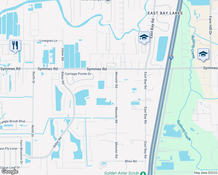 map of restaurants, bars, coffee shops, grocery stores, and more near 11605 Messler Road in Gibsonton