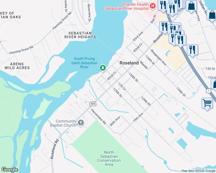 map of restaurants, bars, coffee shops, grocery stores, and more near 12880 Roseland Road in Sebastian