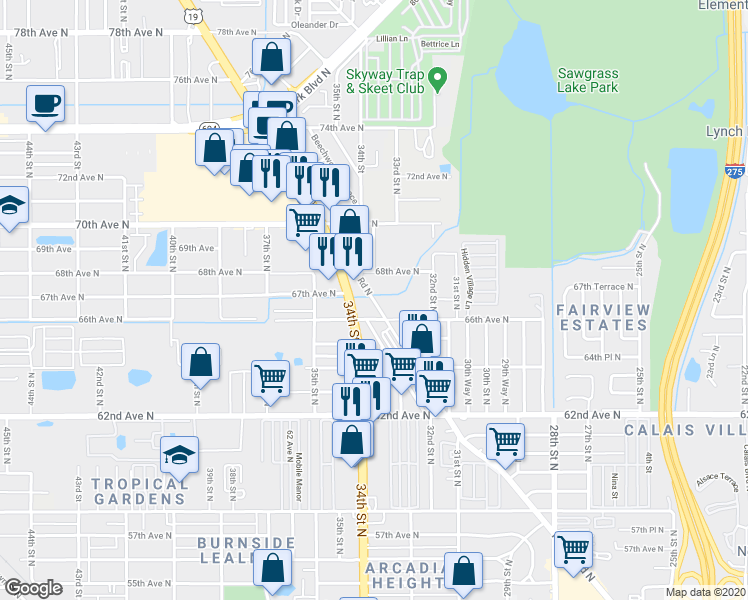map of restaurants, bars, coffee shops, grocery stores, and more near 6649 Haines Road North in St. Petersburg