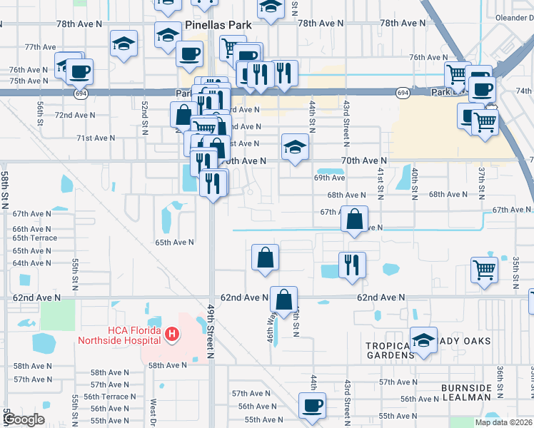 map of restaurants, bars, coffee shops, grocery stores, and more near 4634 67th Avenue North in Pinellas Park