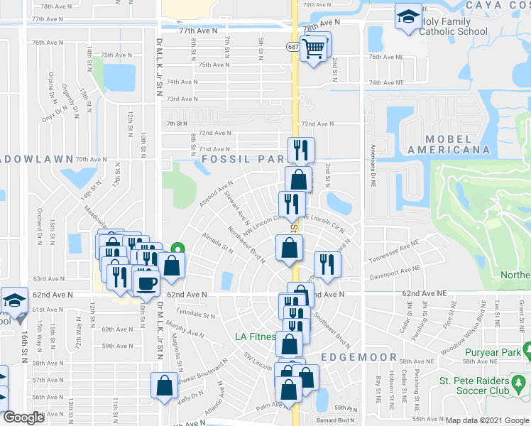 map of restaurants, bars, coffee shops, grocery stores, and more near 143 Northwest Lincoln Circle North in St. Petersburg