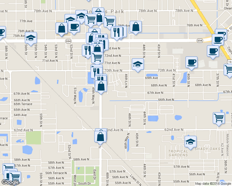 map of restaurants, bars, coffee shops, grocery stores, and more near 6686 47th Street North in Pinellas Park