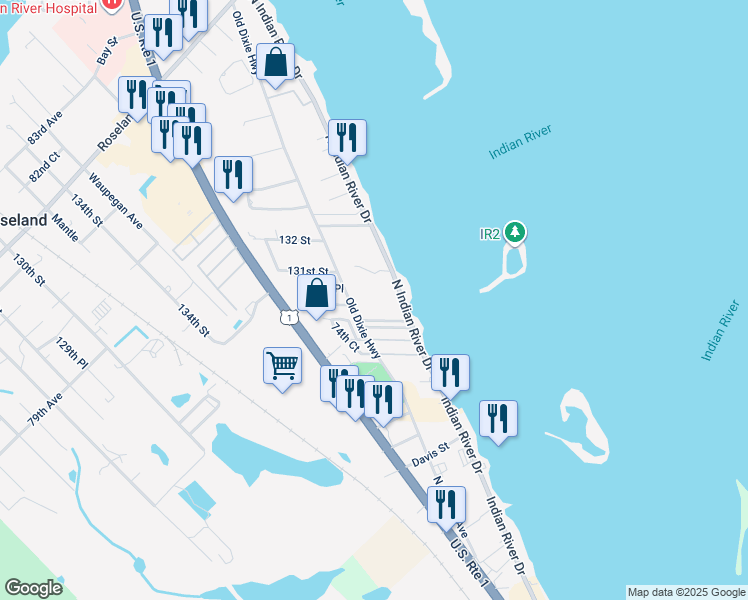 map of restaurants, bars, coffee shops, grocery stores, and more near 13005 North Indian River Drive in Sebastian