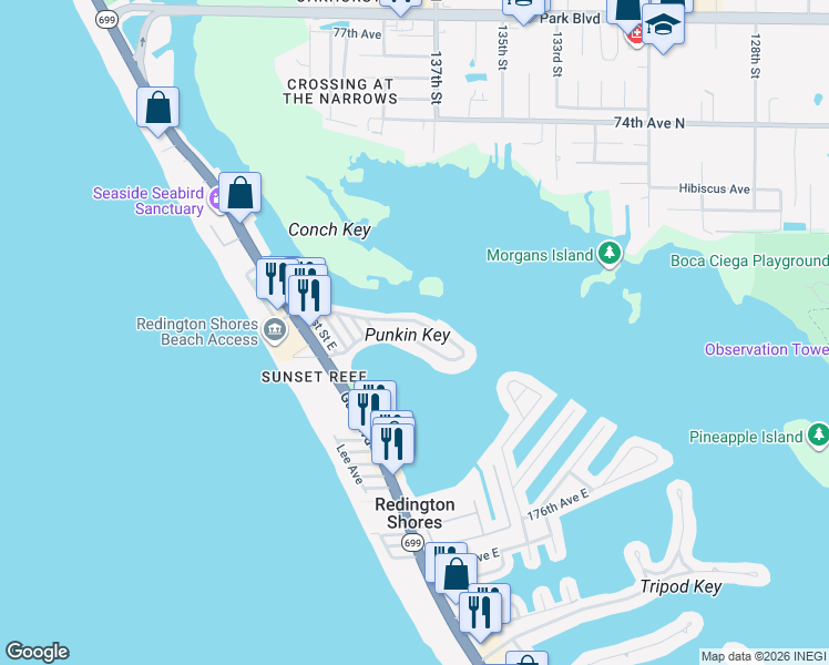 map of restaurants, bars, coffee shops, grocery stores, and more near 800 180th Avenue East in Redington Shores