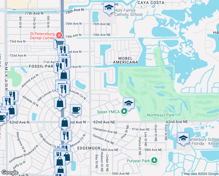 map of restaurants, bars, coffee shops, grocery stores, and more near 307 Mount Saxon Avenue Northeast in St. Petersburg