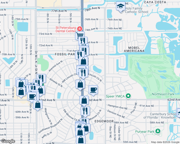 map of restaurants, bars, coffee shops, grocery stores, and more near in St. Petersburg