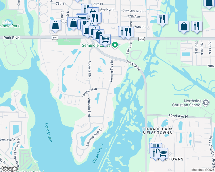 map of restaurants, bars, coffee shops, grocery stores, and more near 6660 Burning Tree Drive in Seminole