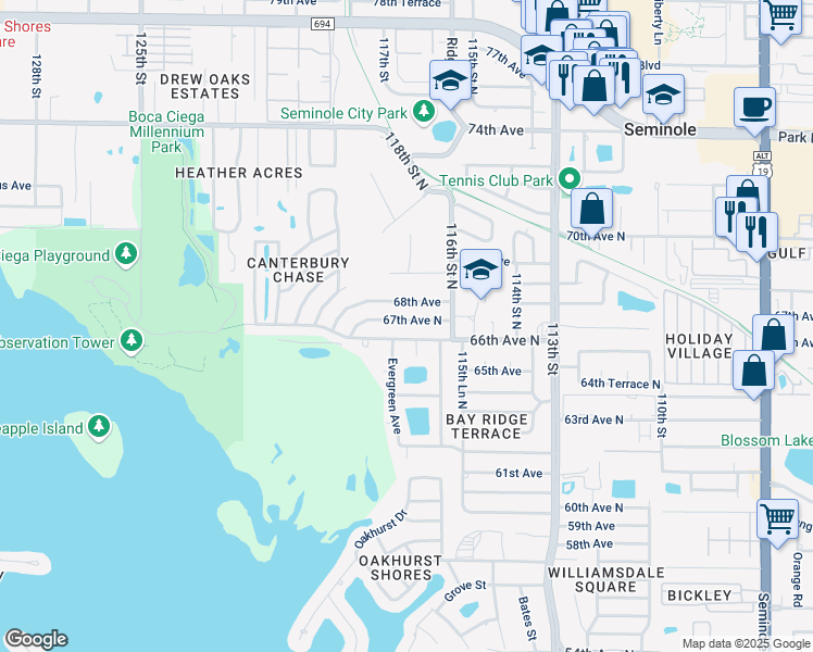 map of restaurants, bars, coffee shops, grocery stores, and more near 11765 66th Avenue North in Seminole