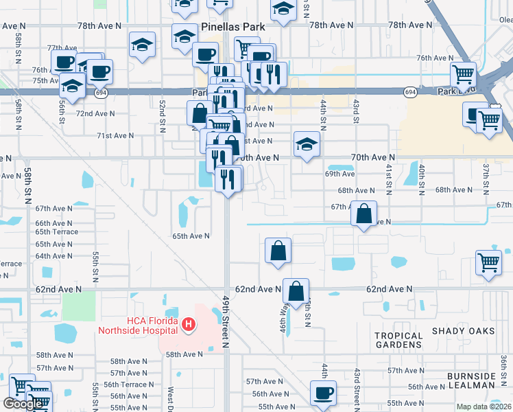 map of restaurants, bars, coffee shops, grocery stores, and more near 4722 67th Avenue North in Pinellas Park