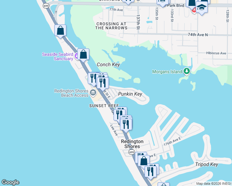 map of restaurants, bars, coffee shops, grocery stores, and more near 220 180th Avenue East in Redington Shores