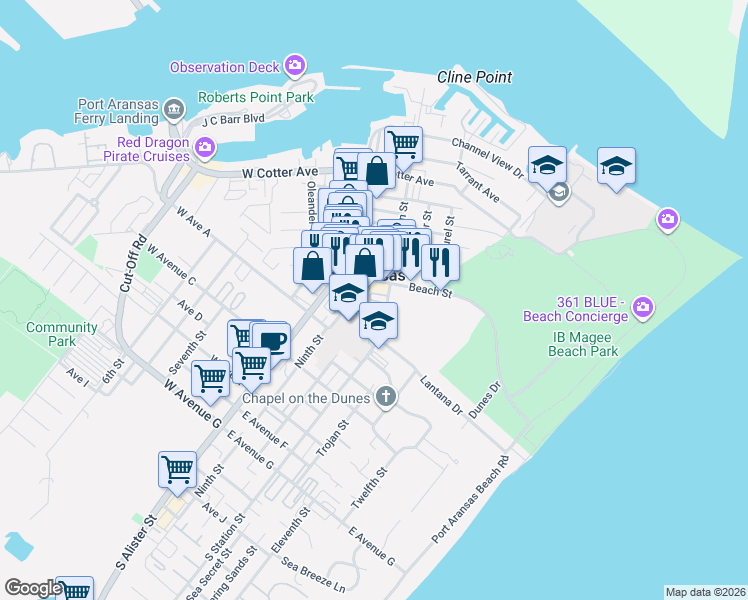 map of restaurants, bars, coffee shops, grocery stores, and more near 100 South Station Street in Port Aransas