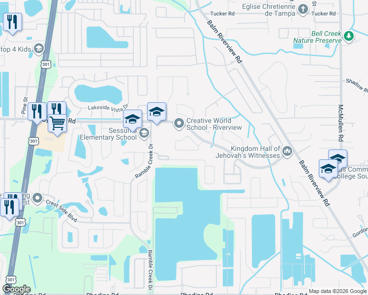 map of restaurants, bars, coffee shops, grocery stores, and more near 11437 Bay Gardens Loop in Riverview