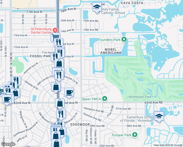 map of restaurants, bars, coffee shops, grocery stores, and more near 120 Mount Curve Avenue Northeast in St. Petersburg