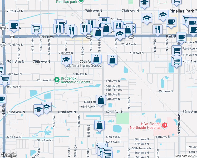 map of restaurants, bars, coffee shops, grocery stores, and more near 5820 67th Avenue North in Pinellas Park