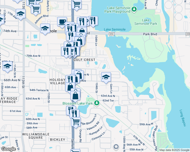 map of restaurants, bars, coffee shops, grocery stores, and more near 10463 66th Avenue in Seminole
