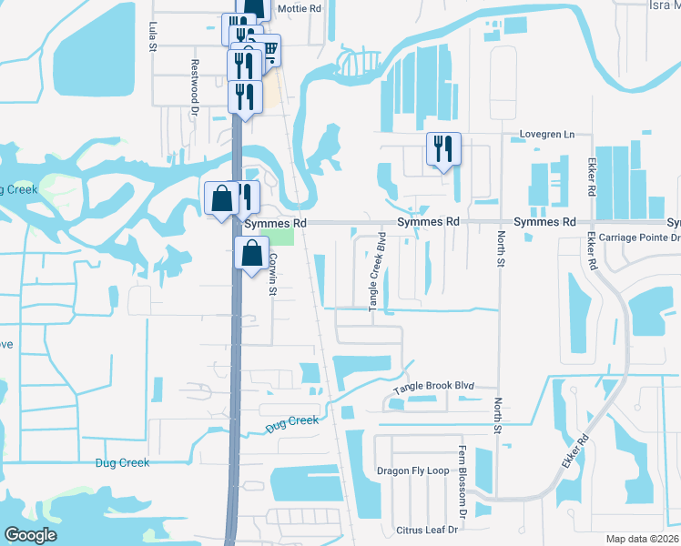map of restaurants, bars, coffee shops, grocery stores, and more near 11524 Tangle Stone Drive in Gibsonton