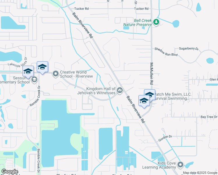 map of restaurants, bars, coffee shops, grocery stores, and more near 11408 Bridge Pine Drive in Riverview