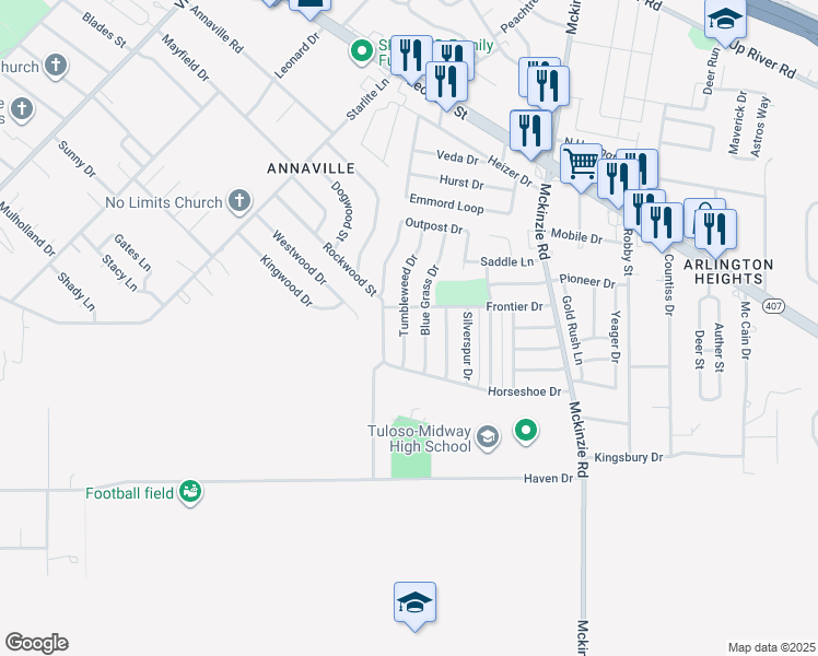 map of restaurants, bars, coffee shops, grocery stores, and more near 2713 Tumbleweed Drive in Corpus Christi