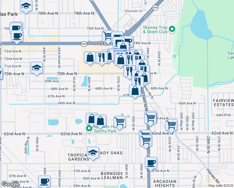 map of restaurants, bars, coffee shops, grocery stores, and more near 3742 67th Avenue North in Pinellas Park