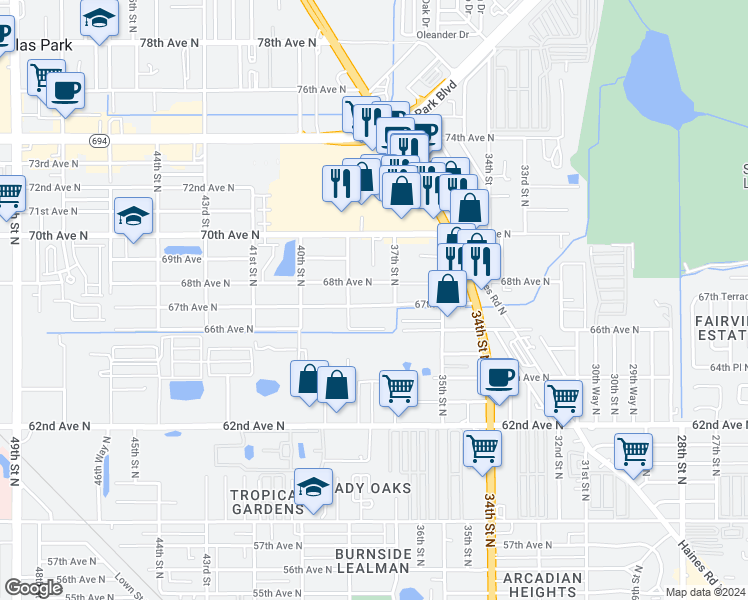 map of restaurants, bars, coffee shops, grocery stores, and more near 3742 67th Avenue North in Pinellas Park