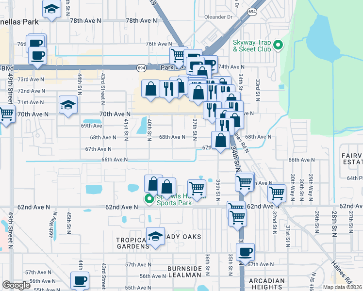 map of restaurants, bars, coffee shops, grocery stores, and more near 3742 67th Avenue North in Pinellas Park