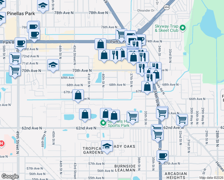 map of restaurants, bars, coffee shops, grocery stores, and more near 3820 67th Avenue North in Pinellas Park