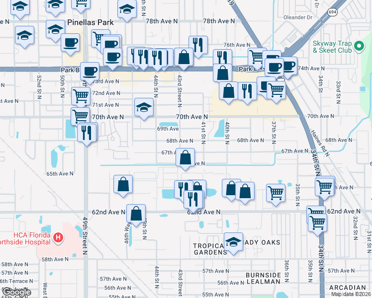 map of restaurants, bars, coffee shops, grocery stores, and more near 4300 67th Avenue North in Pinellas Park