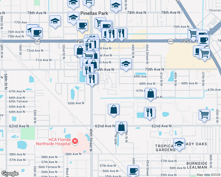 map of restaurants, bars, coffee shops, grocery stores, and more near 4625 66th Place in Pinellas Park