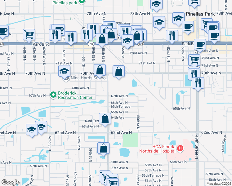 map of restaurants, bars, coffee shops, grocery stores, and more near 5700 67th Avenue North in Pinellas Park