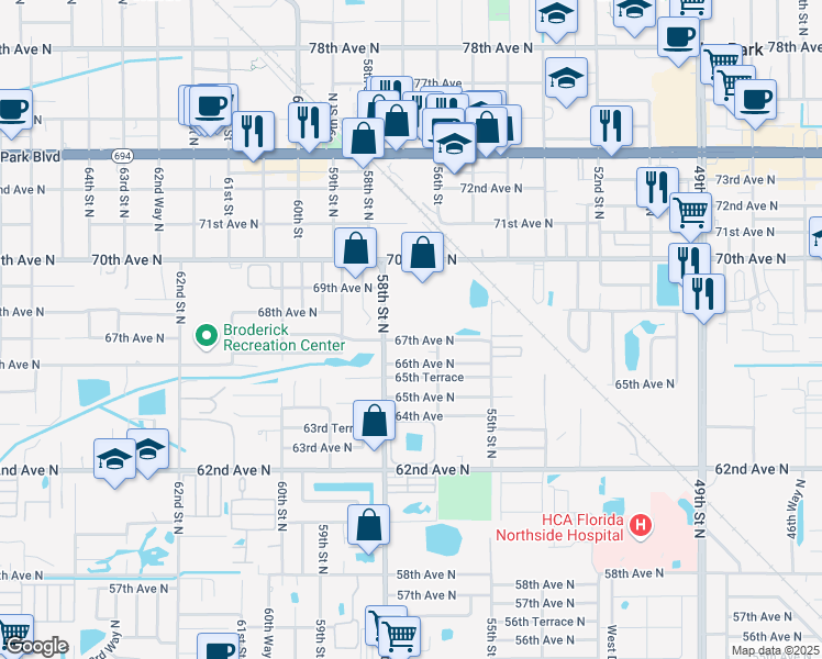 map of restaurants, bars, coffee shops, grocery stores, and more near 5700 67th Avenue North in Pinellas Park