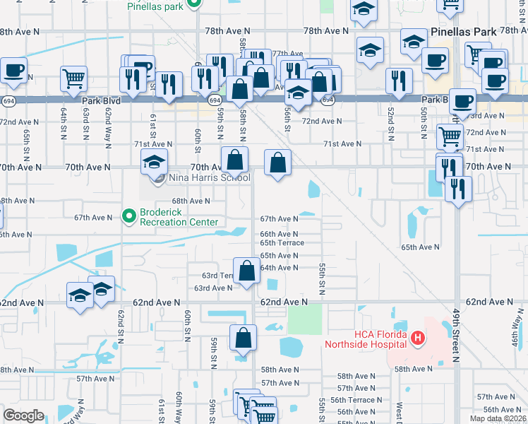 map of restaurants, bars, coffee shops, grocery stores, and more near 5700 67th Avenue North in Pinellas Park