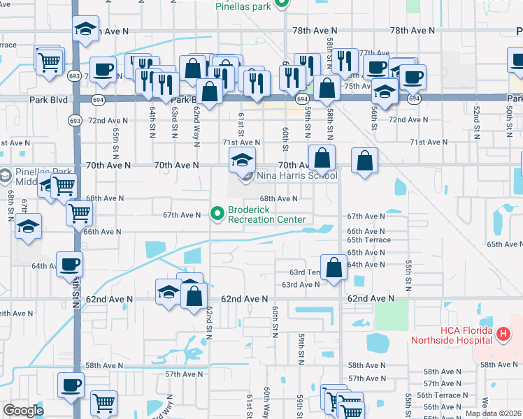 map of restaurants, bars, coffee shops, grocery stores, and more near 6059 66th Terrace in Pinellas Park