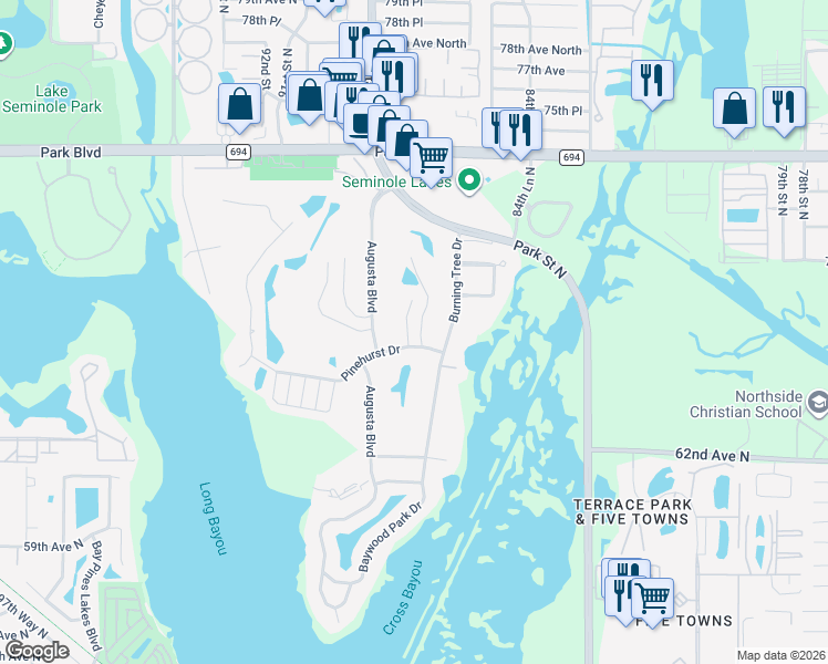 map of restaurants, bars, coffee shops, grocery stores, and more near 8800 Pinehurst Drive in Seminole