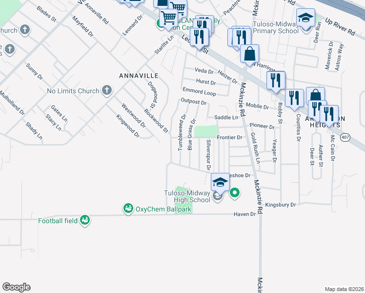 map of restaurants, bars, coffee shops, grocery stores, and more near 2713 Tumbleweed Drive in Corpus Christi