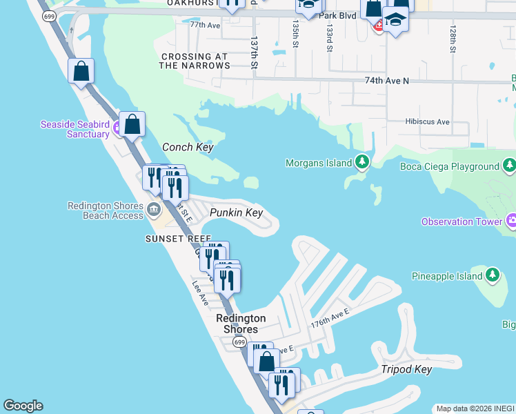 map of restaurants, bars, coffee shops, grocery stores, and more near 800 180th Avenue East in Redington Shores