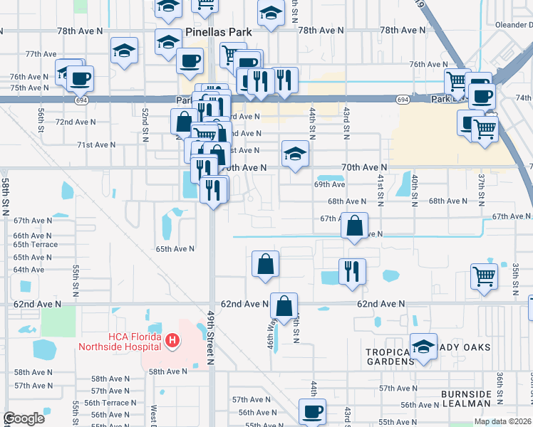 map of restaurants, bars, coffee shops, grocery stores, and more near 4625 66th Place in Pinellas Park