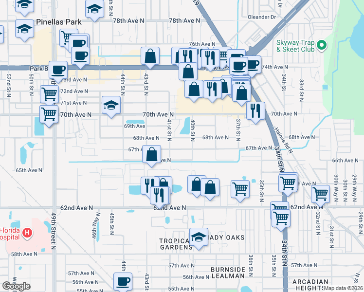 map of restaurants, bars, coffee shops, grocery stores, and more near 4056 67th Avenue North in Pinellas Park
