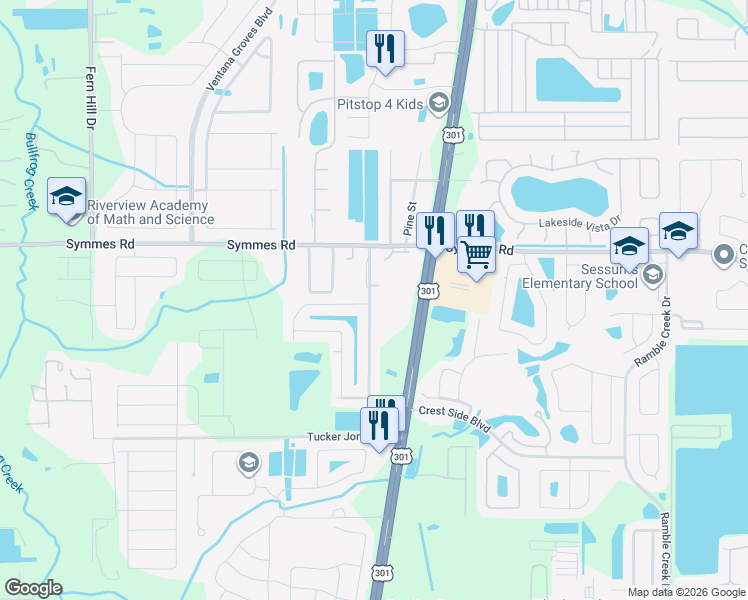 map of restaurants, bars, coffee shops, grocery stores, and more near 11428 Warren Oaks Place in Riverview