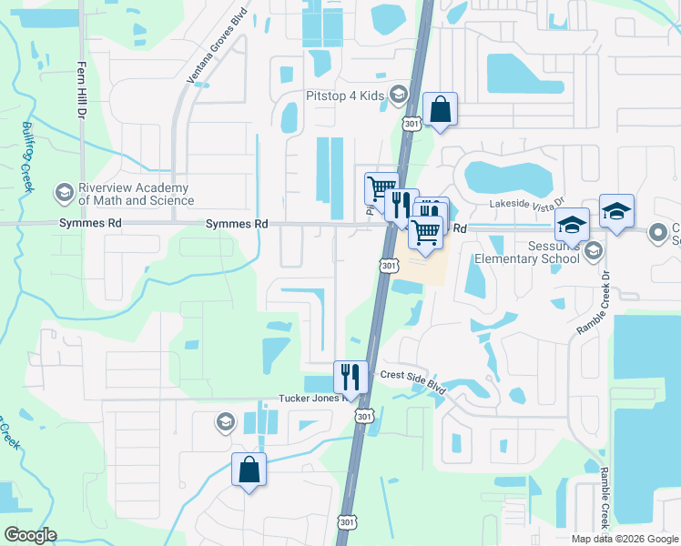 map of restaurants, bars, coffee shops, grocery stores, and more near 11428 Warren Oaks Place in Riverview