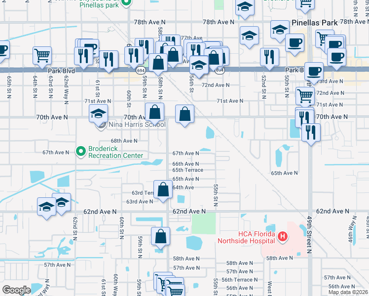 map of restaurants, bars, coffee shops, grocery stores, and more near 5700 67th Avenue North in Pinellas Park