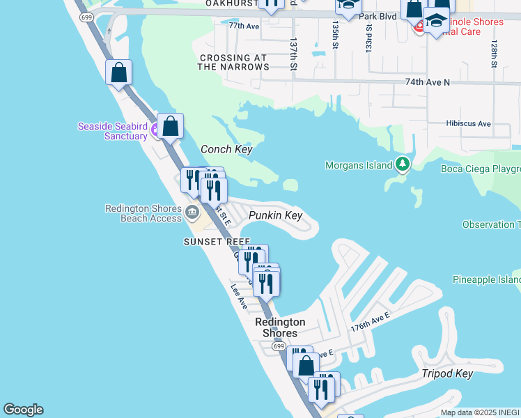 map of restaurants, bars, coffee shops, grocery stores, and more near 553 182nd Avenue East in Redington Shores